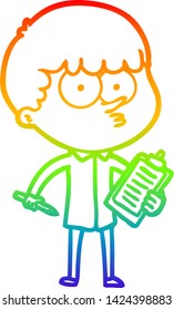 rainbow gradient line drawing of a cartoon curious boy taking notes
