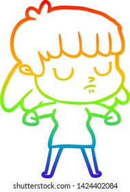 rainbow gradient line drawing of a cartoon indifferent woman