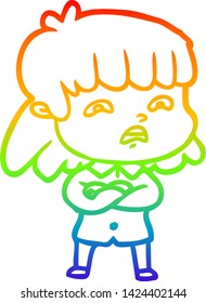 rainbow gradient line drawing of a cartoon worried woman