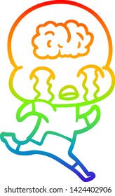 rainbow gradient line drawing of a cartoon big brain alien crying