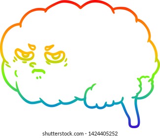 rainbow gradient line drawing of a cartoon angry brain