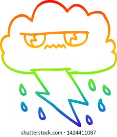 rainbow gradient line drawing of a cartoon angry storm cloud