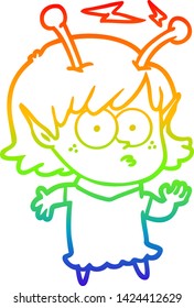 rainbow gradient line drawing of a cartoon alien girl