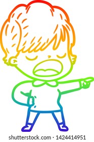 rainbow gradient line drawing of a cartoon woman talking