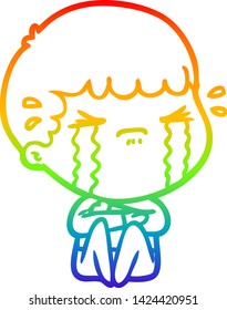 Regenbogen-Farbverlauf-Linie Zeichnung eines Cartoon-Mann weinend