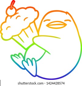 rainbow gradient line drawing of a cartoon penguin with cupcake