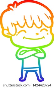dibujo de una línea de gradiente de arco iris de un niño feliz con dibujos animados