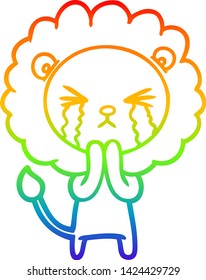 rainbow gradient line drawing of a cartoon crying lion praying