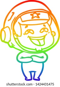 rainbow gradient line drawing of a cartoon laughing astronaut