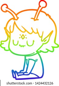 rainbow gradient line drawing of a cartoon alien girl sitting