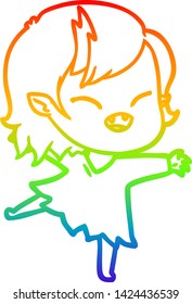 rainbow gradient line drawing of a cartoon laughing vampire girl