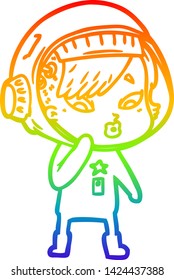 rainbow gradient line drawing of a cartoon astronaut woman