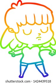 rainbow gradient line drawing of a cartoon indifferent woman