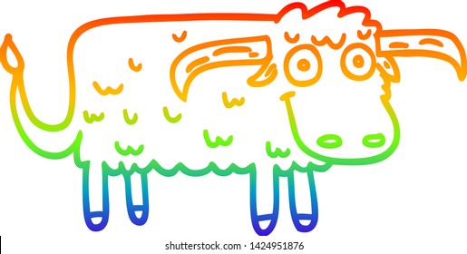 rainbow gradient line drawing of a cartoon hairy cow