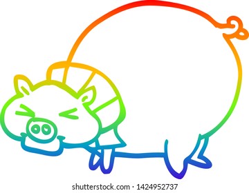 rainbow gradient line drawing of a cartoon fat pig