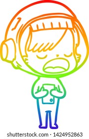 rainbow gradient line drawing of a cartoon astronaut woman explaining