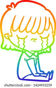 rainbow gradient line drawing of a cartoon woman crying