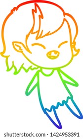 desenho de linha de gradiente arco-íris de um desenho animado rindo vampiro menina flutuando