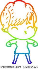 rainbow gradient line drawing of a cartoon woman thinking