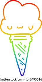 rainbow gradient line drawing of a cartoon ice cream with face