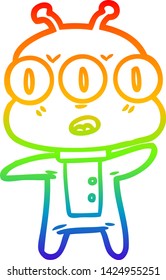 rainbow gradient line drawing of a cartoon three eyed alien