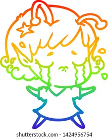 rainbow gradient line drawing of a cartoon crying alien girl