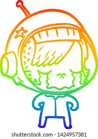 rainbow gradient line drawing of a cartoon crying astronaut girl