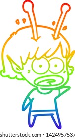 rainbow gradient line drawing of a cartoon shocked alien girl