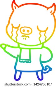 rainbow gradient line drawing of a cartoon crying pig wearing scarf