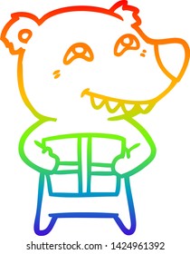 rainbow gradient line drawing of a cartoon bear with present