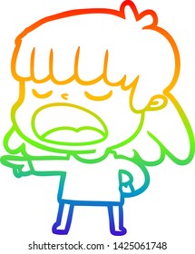 rainbow gradient line drawing of a cartoon woman talking loudly