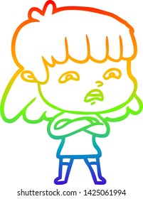 Regenbogen-Farbverlauf-Zeichnung einer Cartoon besorgten Frau