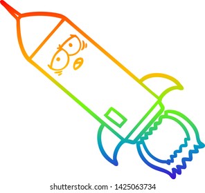 dibujo de una línea de gradiente de arco iris de un cohete de dibujos animados