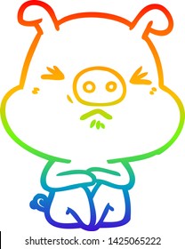 rainbow gradient line drawing of a cartoon angry pig sat waiting