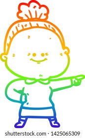 rainbow gradient line drawing of a cartoon happy old woman
