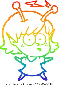 rainbow gradient line drawing of a cartoon alien girl