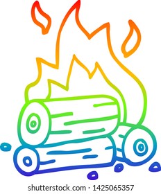 rainbow gradient line drawing of a cartoon burning logs