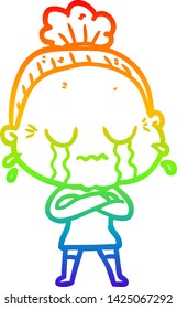 rainbow gradient line drawing of a cartoon crying old lady