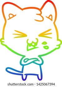 rainbow gradient line drawing of a cartoon cat hissing