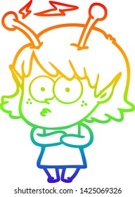 desenho de linha de gradiente arco-íris de uma menina alienígena de desenho animado
