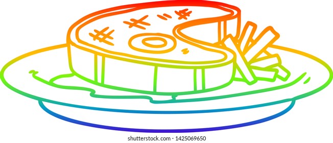 rainbow gradient line drawing of a cartoon steak dinner