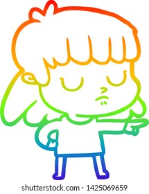 rainbow gradient line drawing of a cartoon indifferent woman;pointing