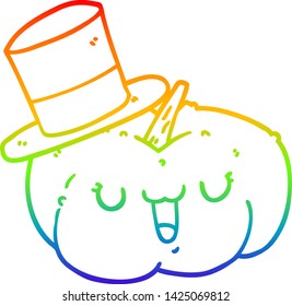 rainbow gradient line drawing of a cartoon pumpkin wearing hat