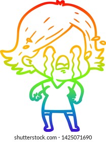 rainbow gradient line drawing of a cartoon woman crying