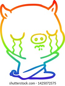 rainbow gradient line drawing of a cartoon sitting pig crying