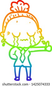 rainbow gradient line drawing of a cartoon old woman crying