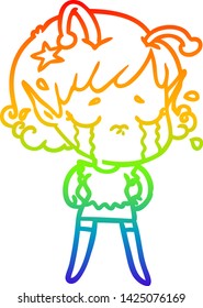 dibujo de una chica alienígena llorando con un degradado de arco iris