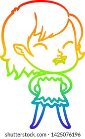 rainbow gradient line drawing of a cartoon vampire girl with blood on cheek