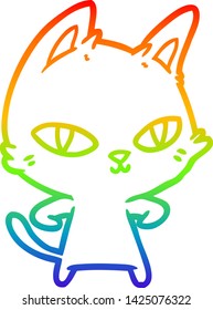 rainbow gradient line drawing of a cartoon cat staring