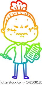 rainbow gradient line drawing of a cartoon annoyed old lady
